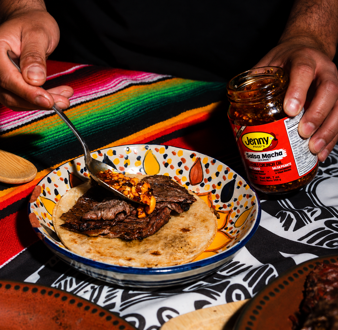 Jenny Food's Salsa Macha chili crunch served on a taco